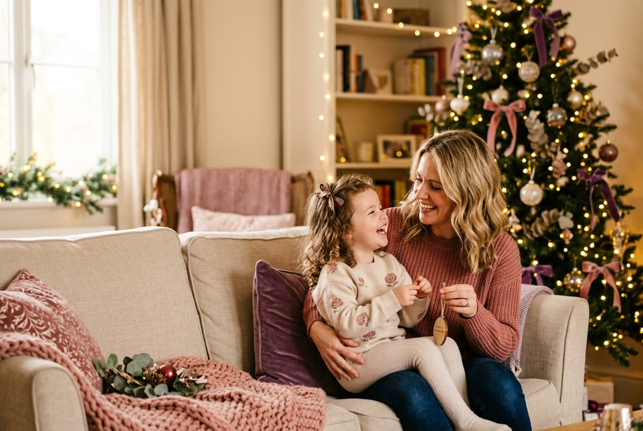 A person and their daughter sharing a joyful christmas moment at home
