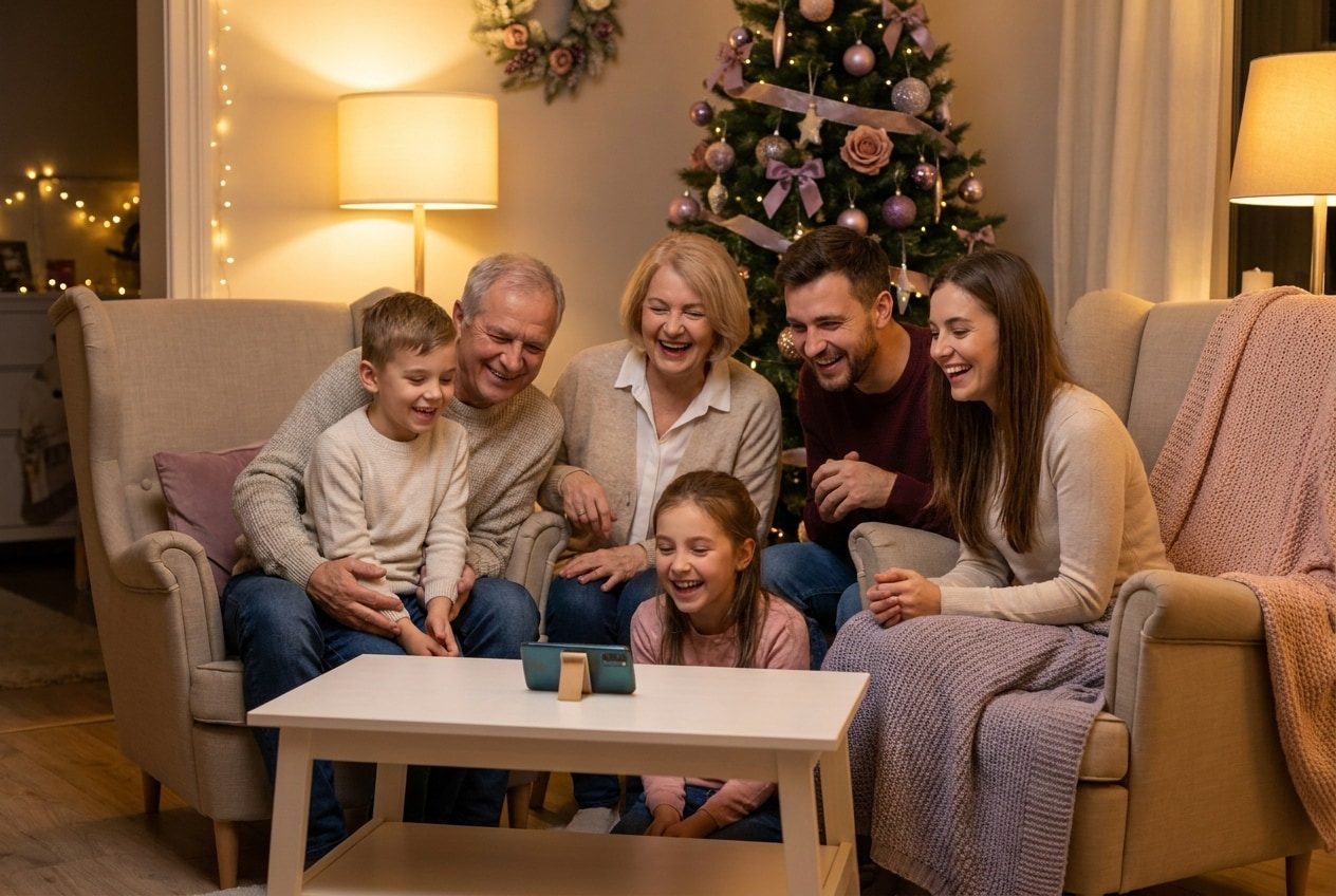 A family playing a song from a smartphone for their fiancé during a christmas celebration, everyone listening with delighted smiles