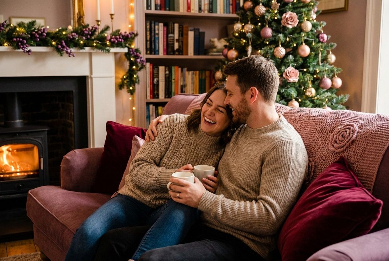 A person and their fiancé sharing a joyful christmas moment at home