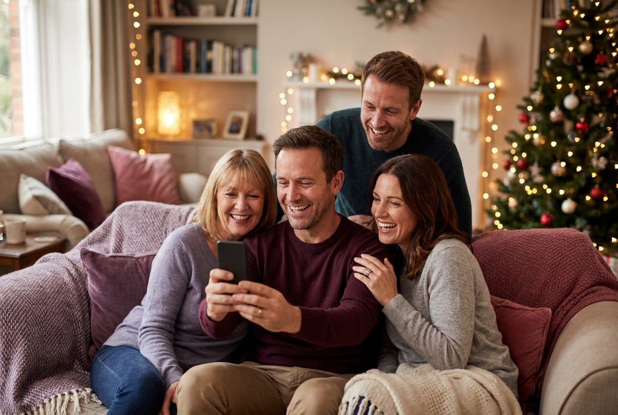 A family playing a song from a smartphone for their fiancée during a christmas celebration, everyone listening with delighted smiles