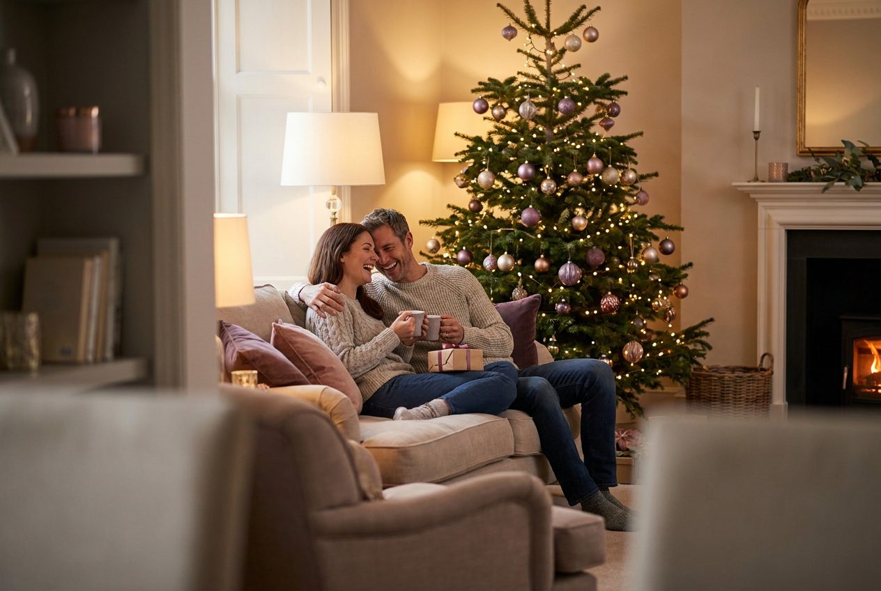A person and their fiancée sharing a joyful christmas moment at home