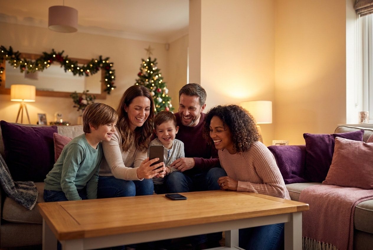 A family playing a song from a smartphone for their friend during a christmas celebration, everyone listening with delighted smiles
