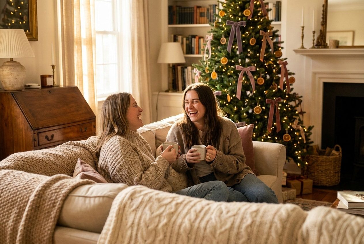 A person and their friend sharing a joyful christmas moment at home
