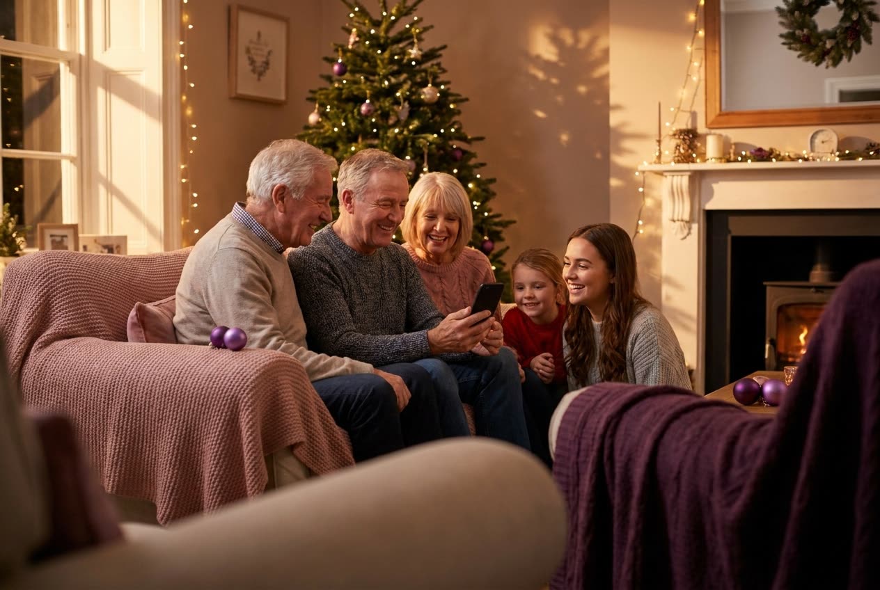 A family playing a song from a smartphone for their girlfriend during a christmas celebration, everyone listening with delighted smiles