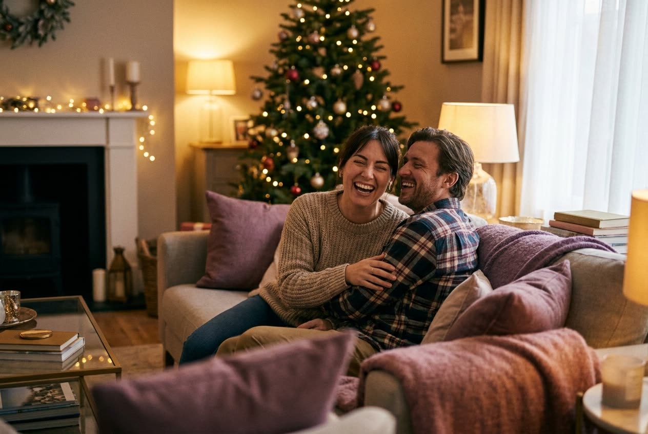 A person and their girlfriend sharing a joyful christmas moment at home