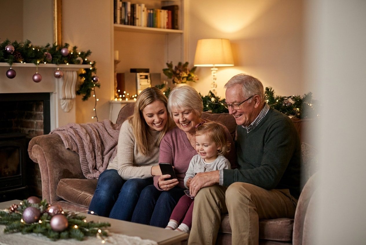 A family playing a song from a smartphone for their granddaughter during a christmas celebration, everyone listening with delighted smiles
