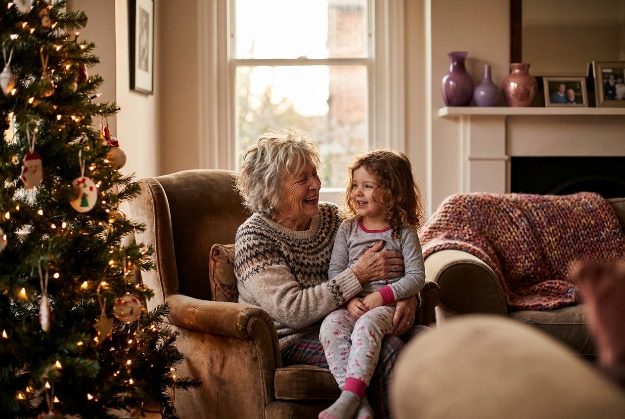 A person and their granddaughter sharing a joyful christmas moment at home
