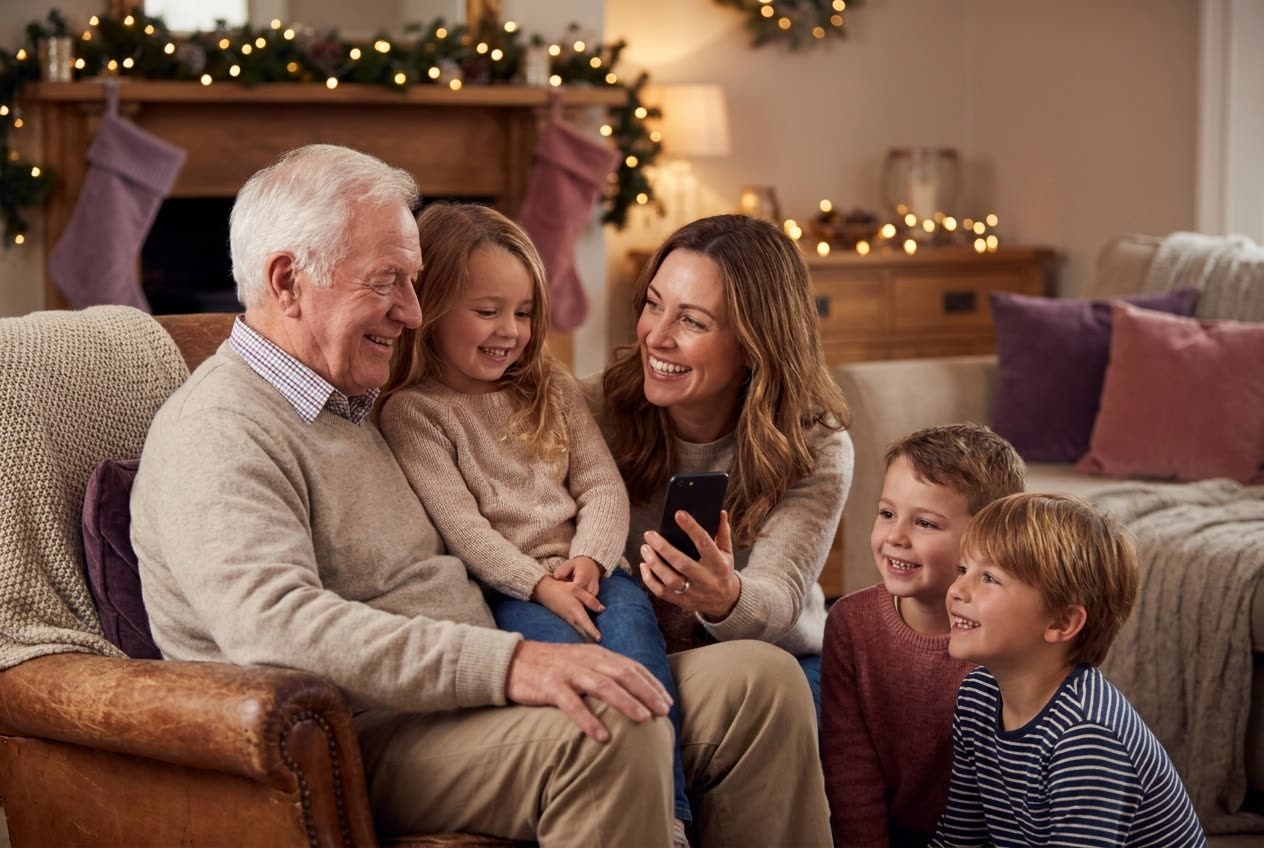 A family playing a song from a smartphone for their grandpa during a christmas celebration, everyone listening with delighted smiles