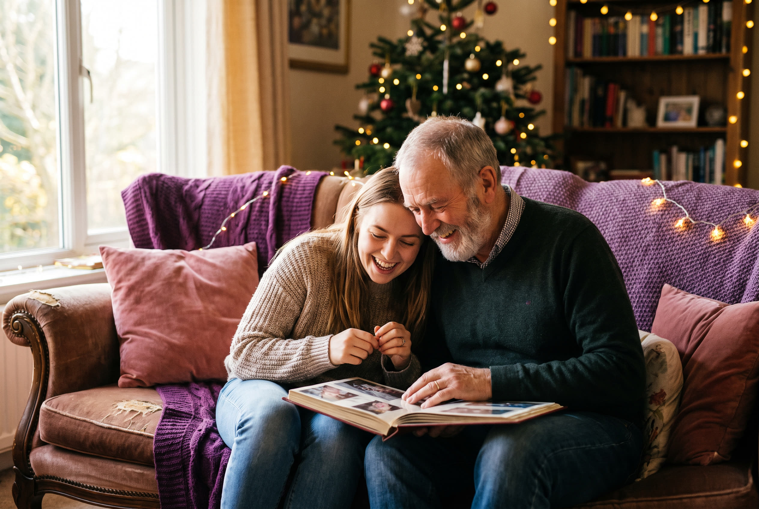A person and their grandpa sharing a joyful christmas moment at home