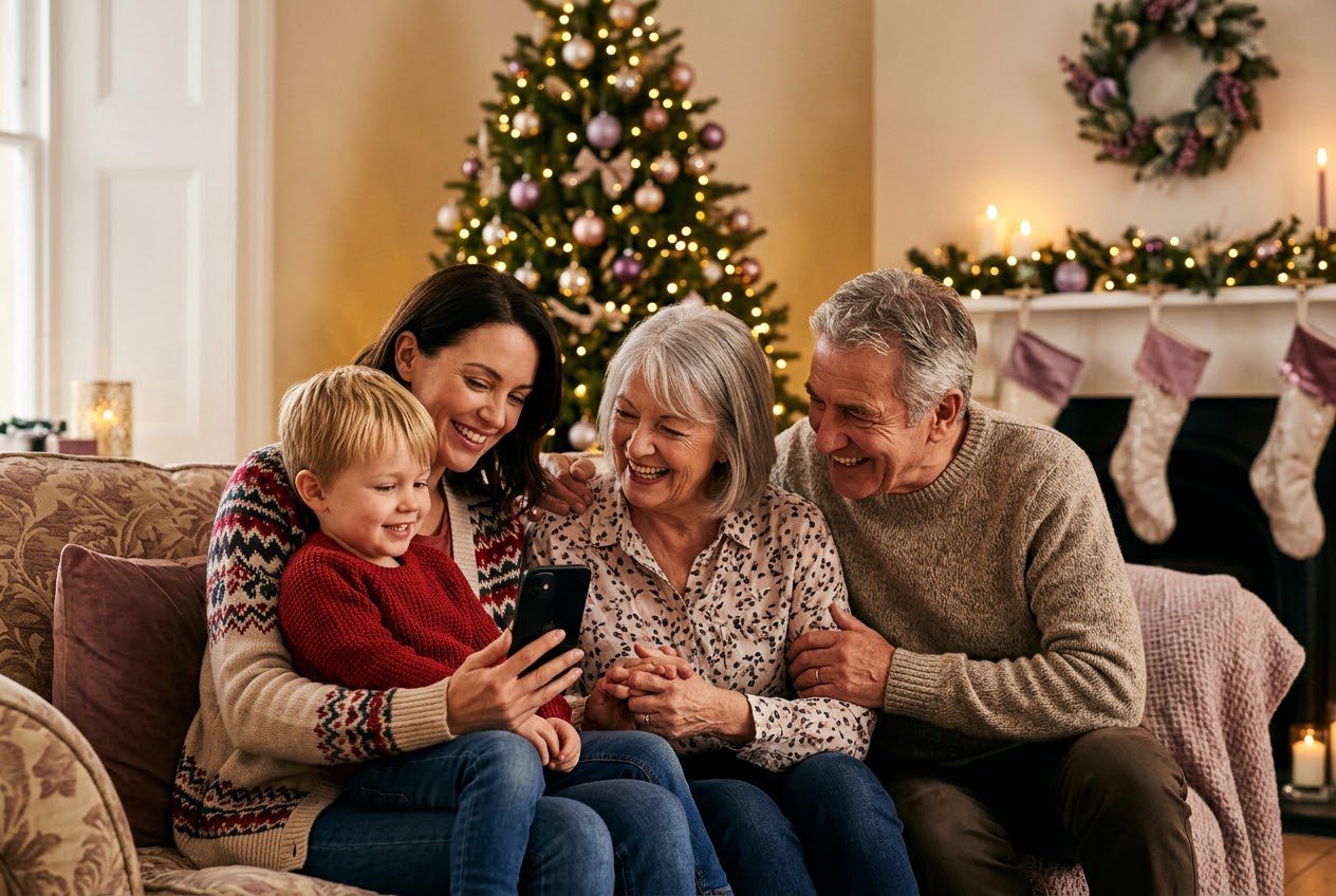A family playing a song from a smartphone for their grandson during a christmas celebration, everyone listening with delighted smiles