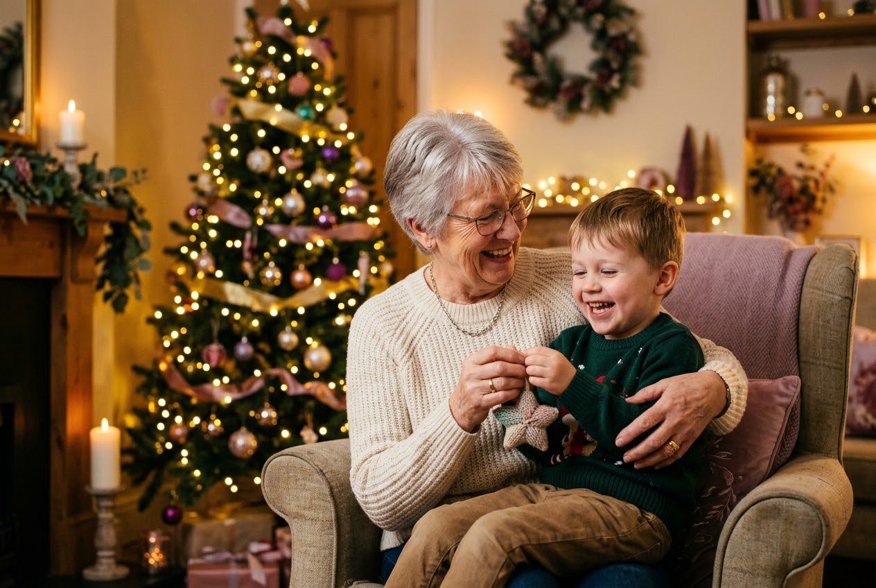 A person and their grandson sharing a joyful christmas moment at home
