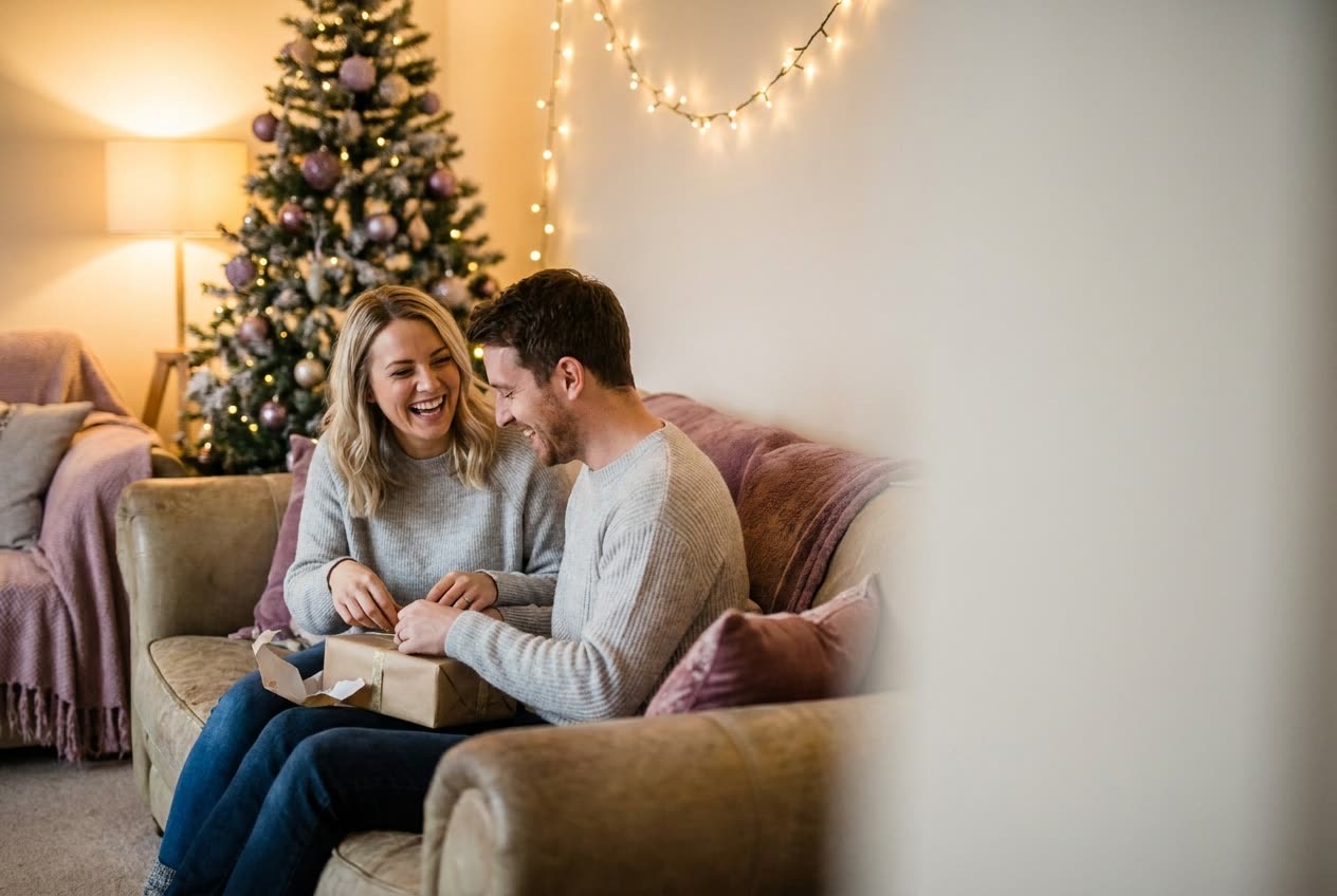 A person and their husband sharing a joyful christmas moment at home