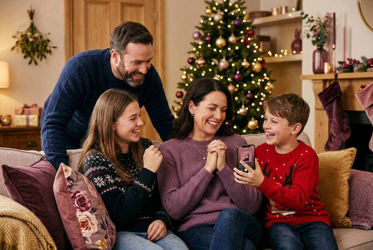 A family playing a song from a smartphone for their mom during a christmas celebration, everyone listening with delighted smiles