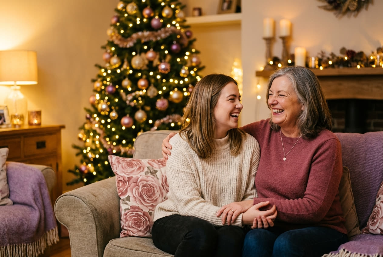 A person and their mom sharing a joyful christmas moment at home