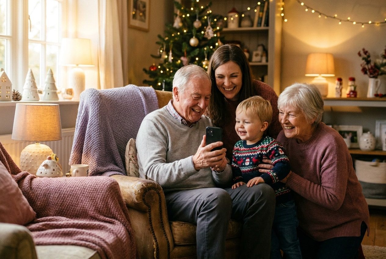 A family playing a song from a smartphone for their nephew during a christmas celebration, everyone listening with delighted smiles
