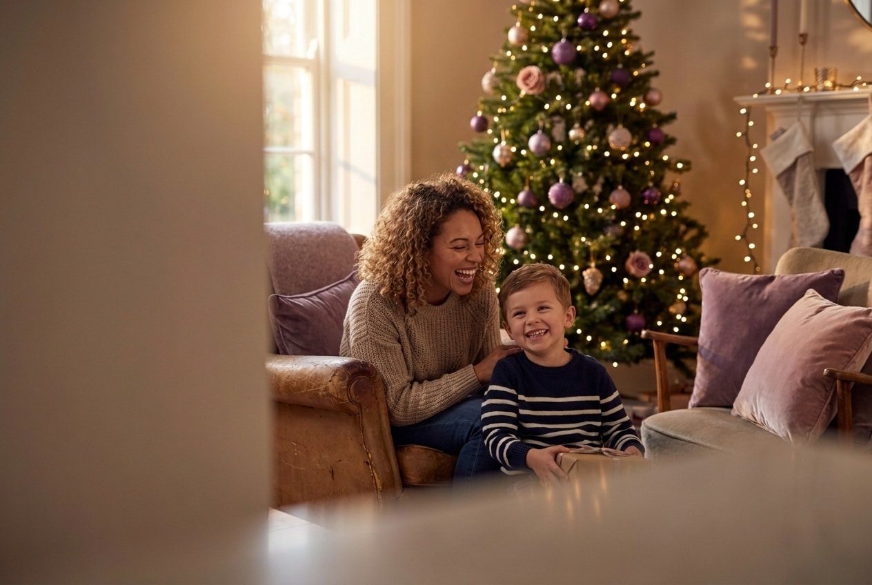 A person and their nephew sharing a joyful christmas moment at home