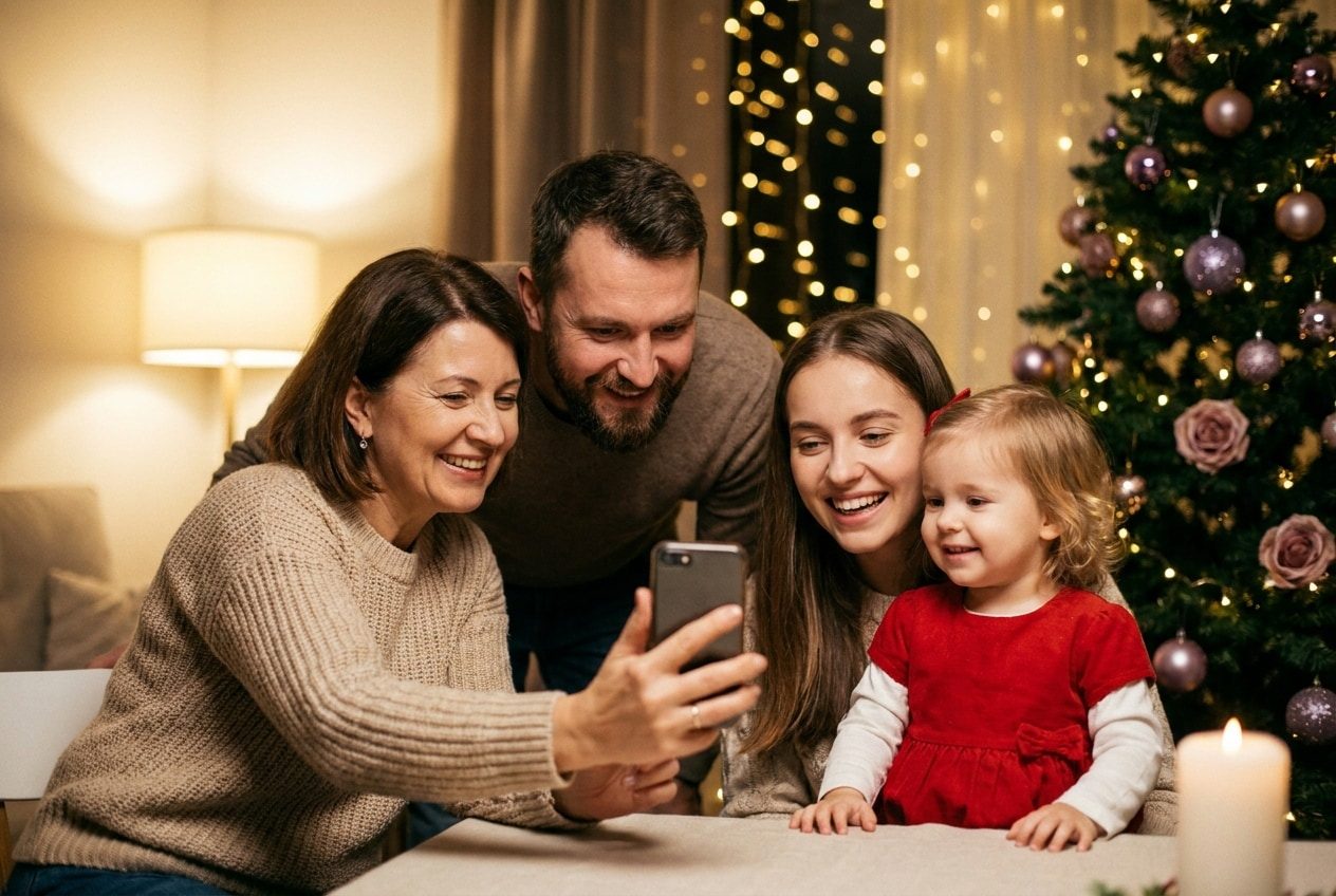 A family playing a song from a smartphone for their niece during a christmas celebration, everyone listening with delighted smiles