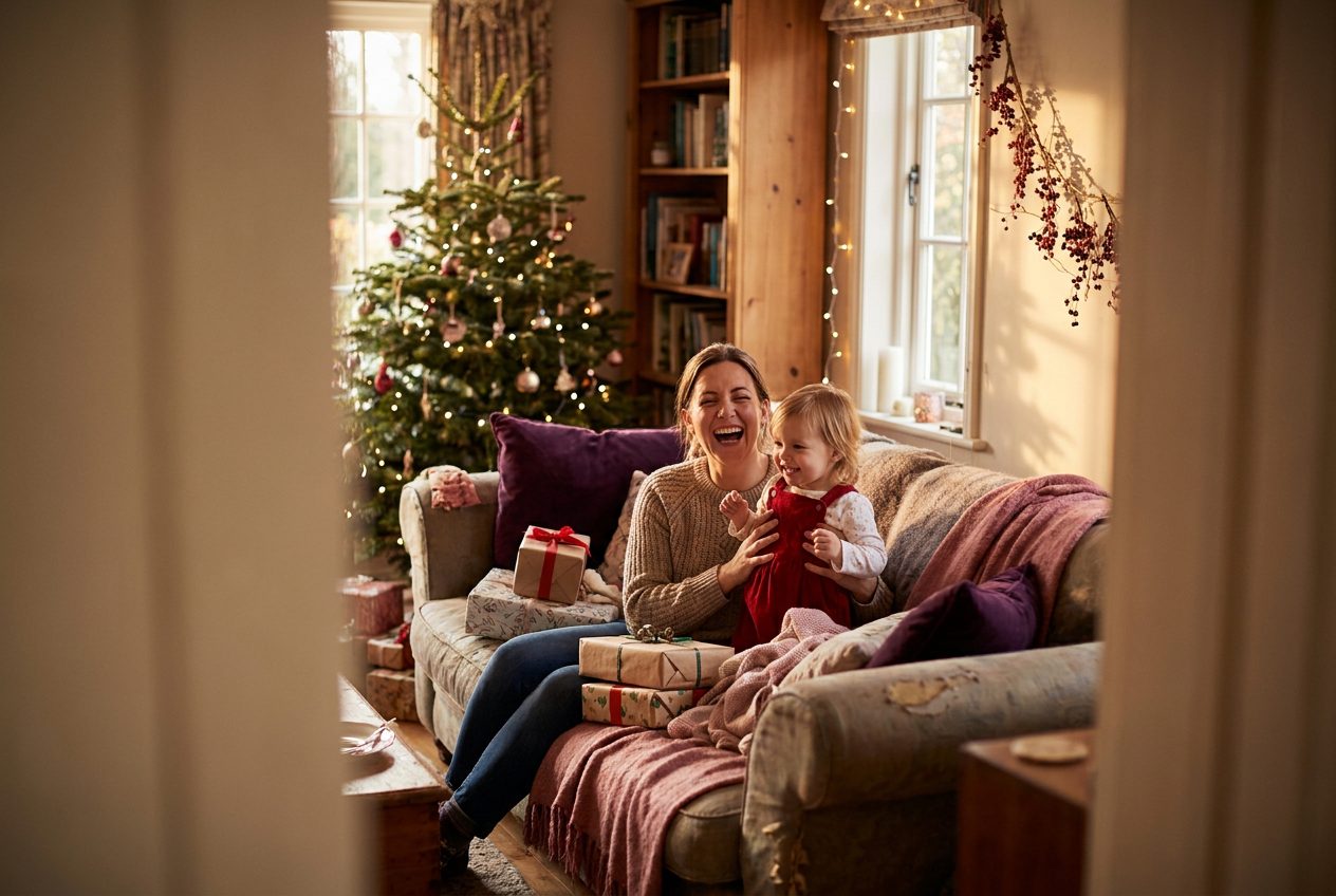 A person and their niece sharing a joyful christmas moment at home