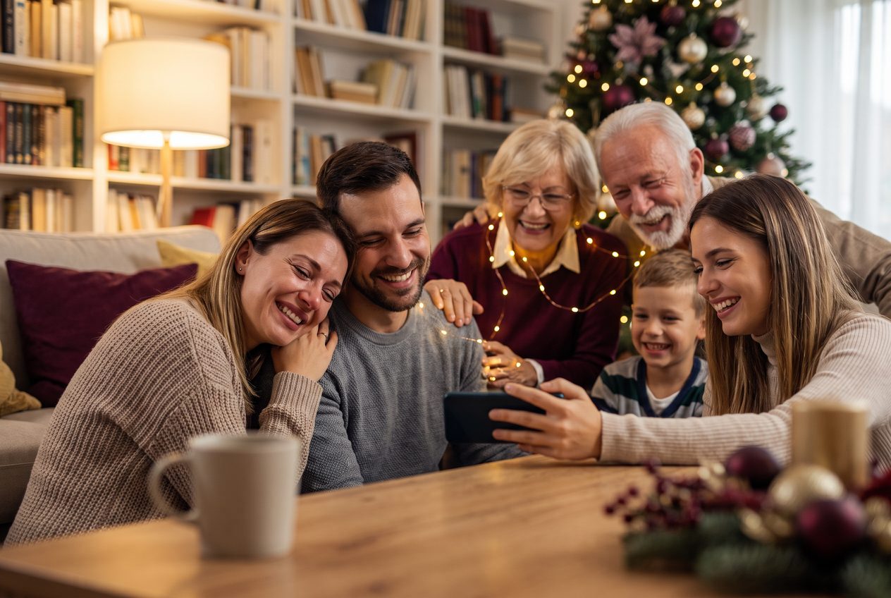 A family playing a song from a smartphone for their sister during a christmas celebration, everyone listening with delighted smiles