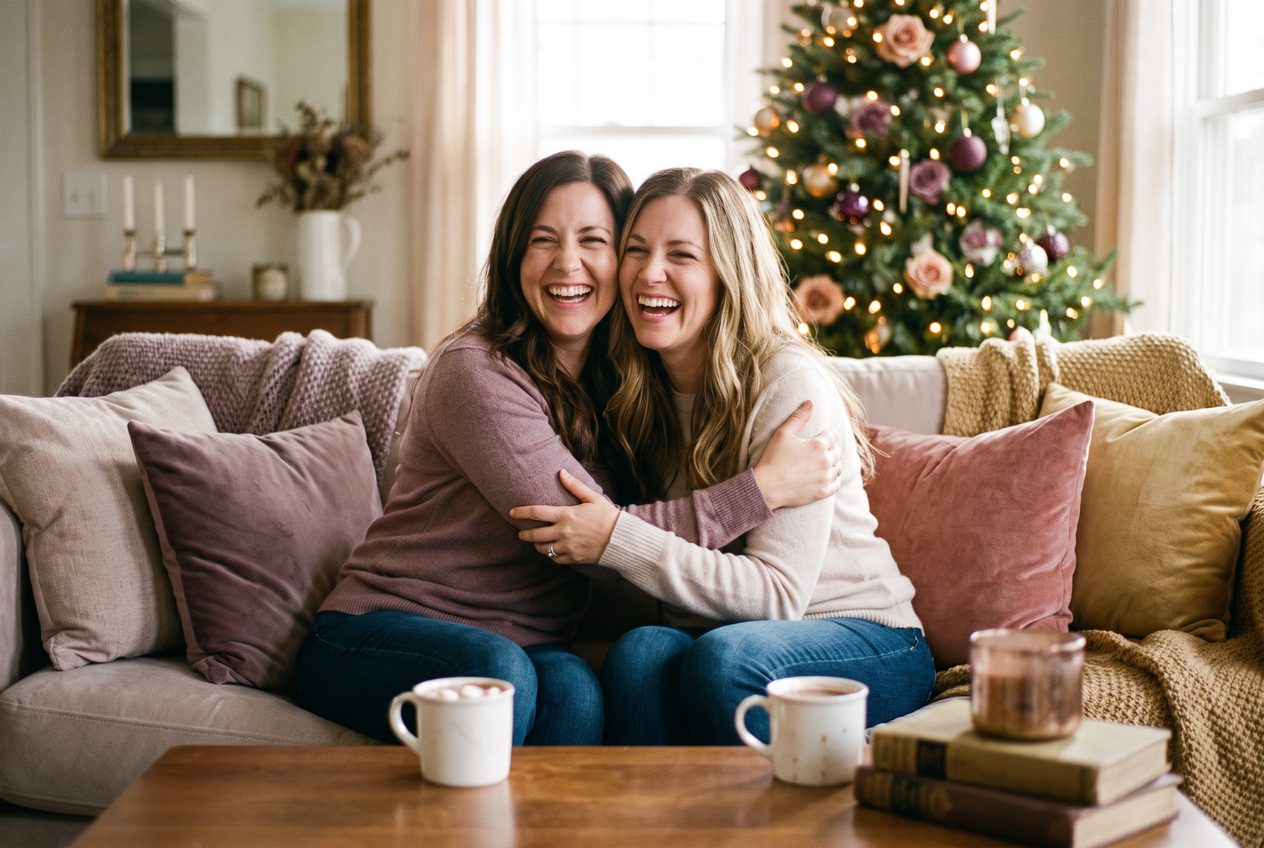 A person and their sister sharing a joyful christmas moment at home