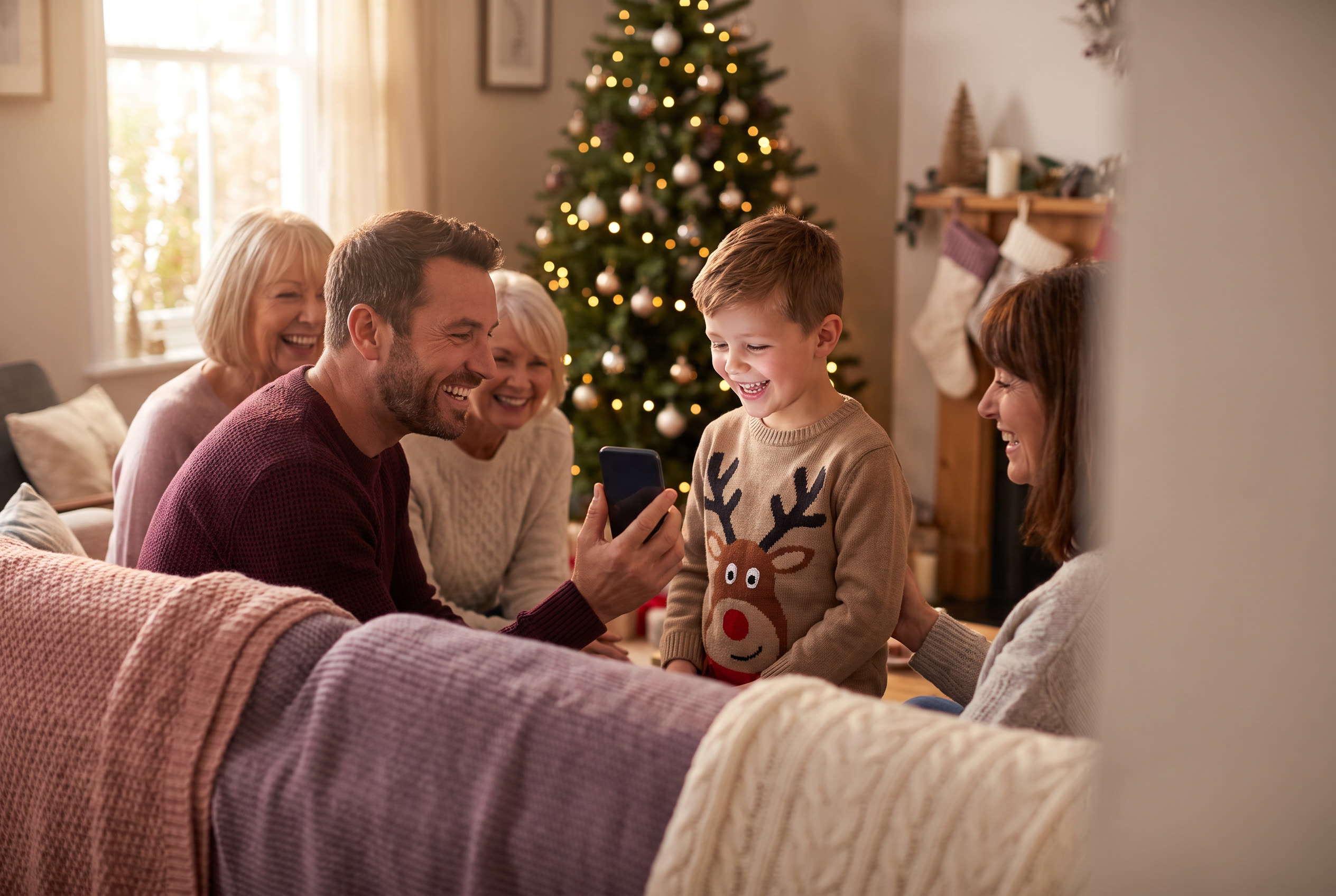 A family playing a song from a smartphone for their son during a christmas celebration, everyone listening with delighted smiles