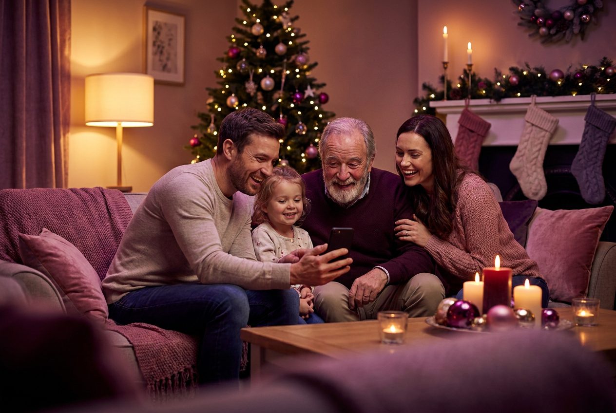 A family playing a song from a smartphone for their uncle during a christmas celebration, everyone listening with delighted smiles