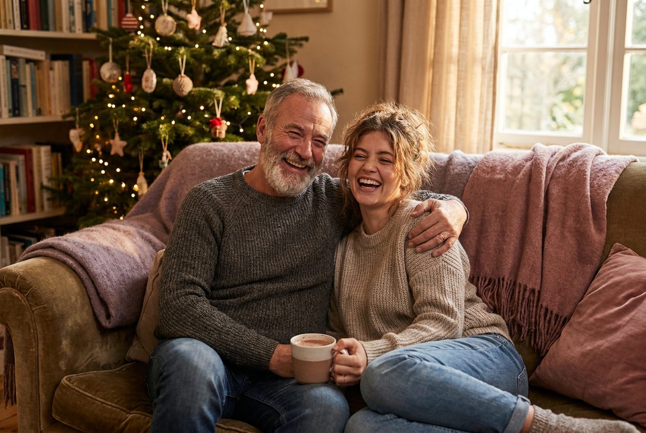 A person and their uncle sharing a joyful christmas moment at home