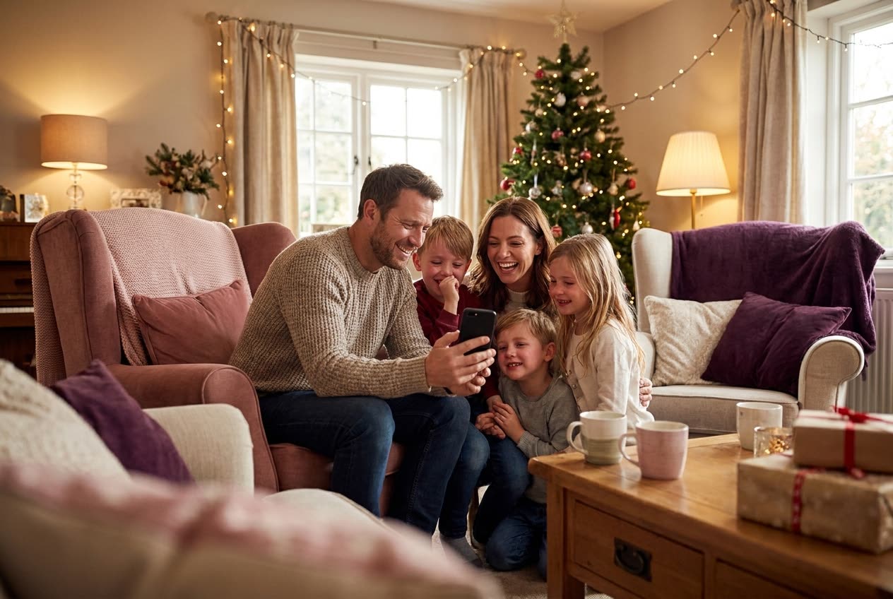 A family playing a song from a smartphone for their wife during a christmas celebration, everyone listening with delighted smiles