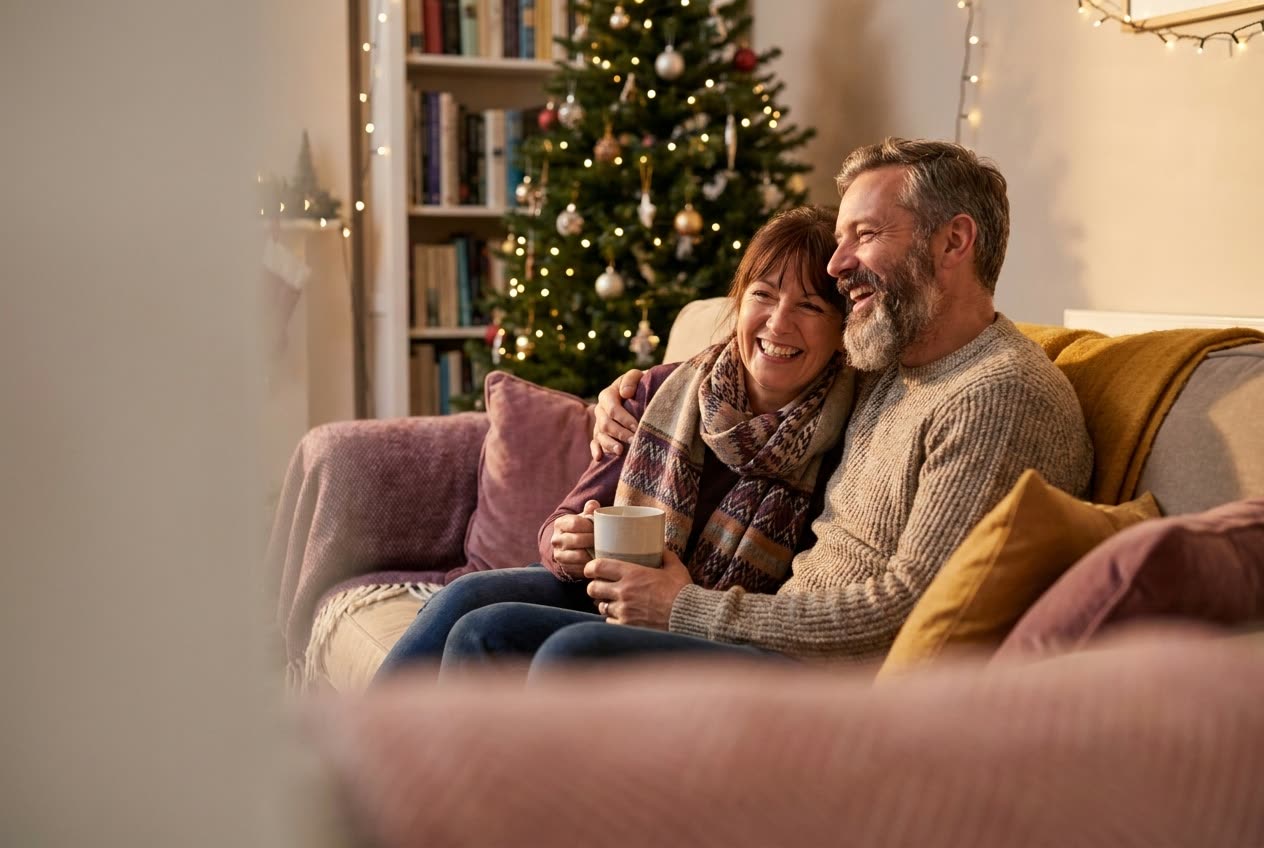 A person and their wife sharing a joyful christmas moment at home