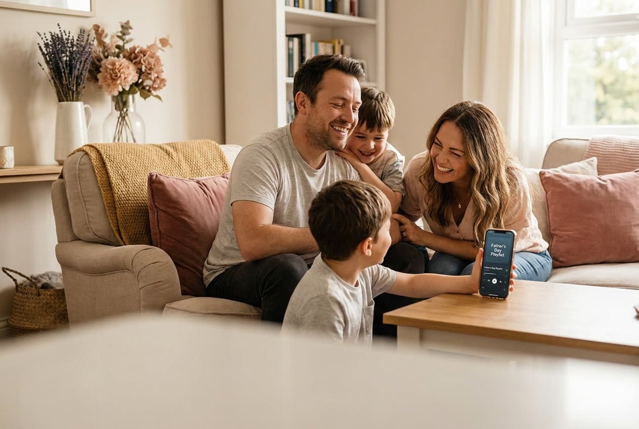 A family playing a song from a smartphone for their dad during a father's day celebration, everyone listening with delighted smiles