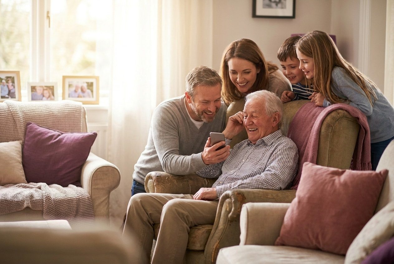 A family playing a song from a smartphone for their grandpa during a father's day celebration, everyone listening with delighted smiles