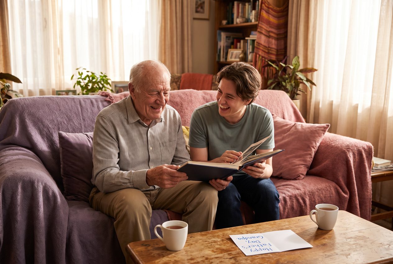 A person and their grandpa sharing a joyful father's day moment at home