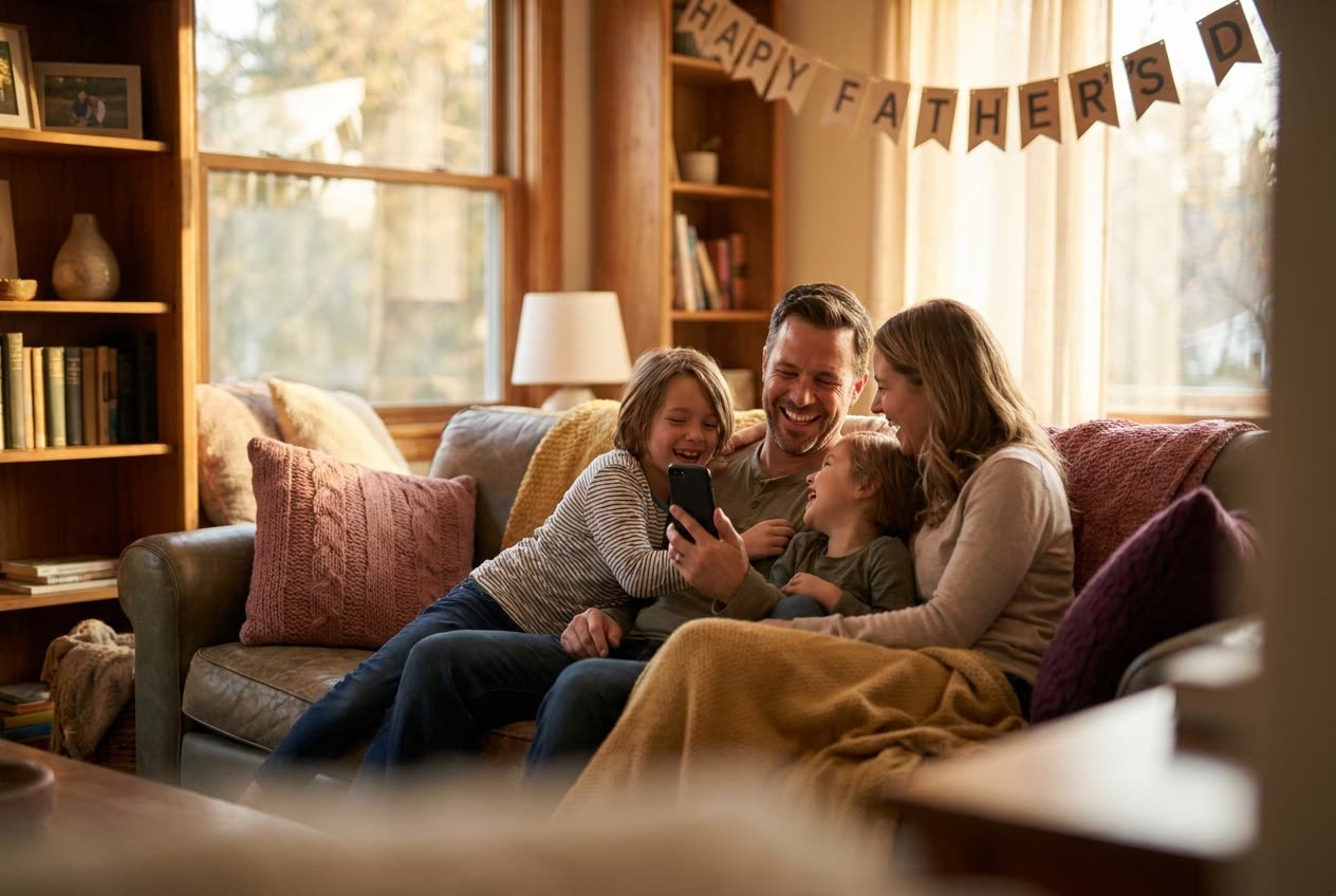 A family playing a song from a smartphone for their husband during a father's day celebration, everyone listening with delighted smiles