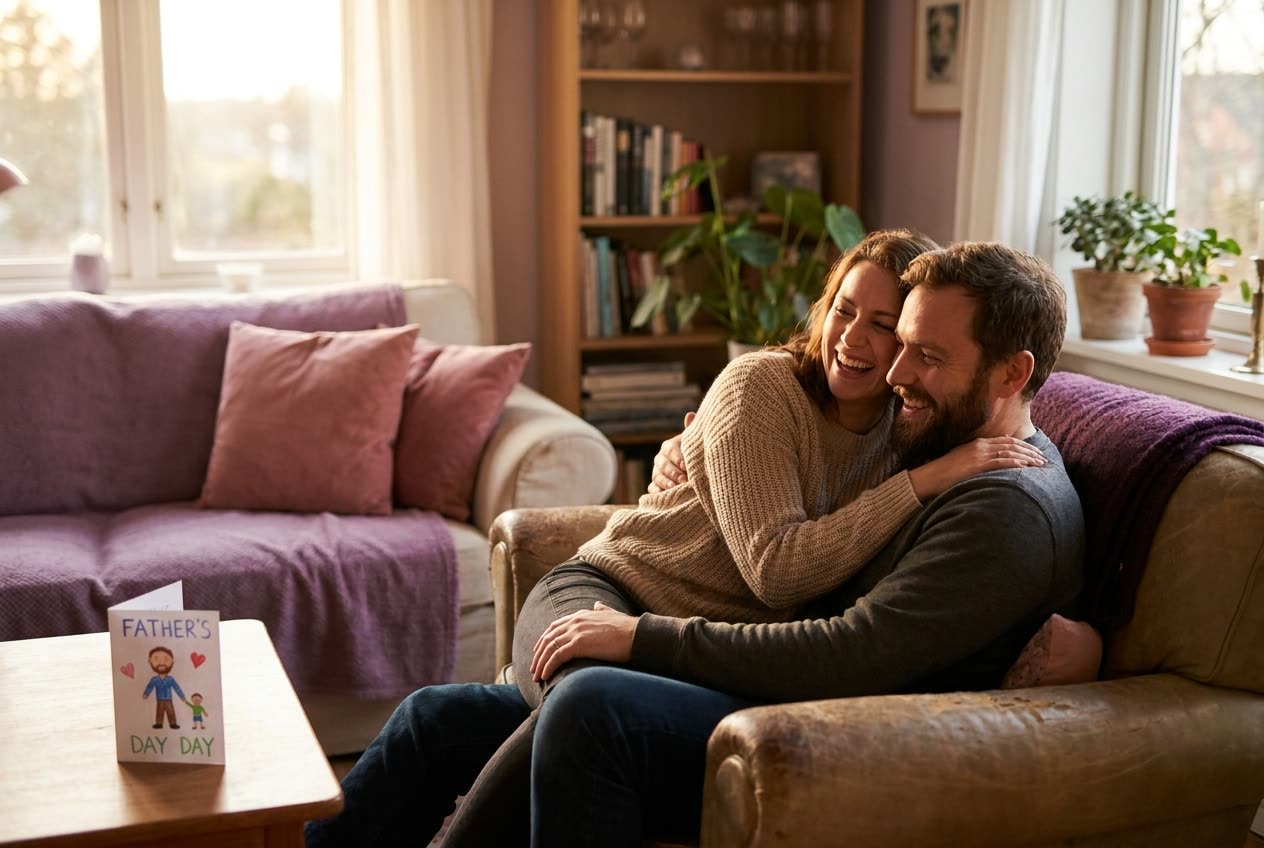 A person and their husband sharing a joyful father's day moment at home