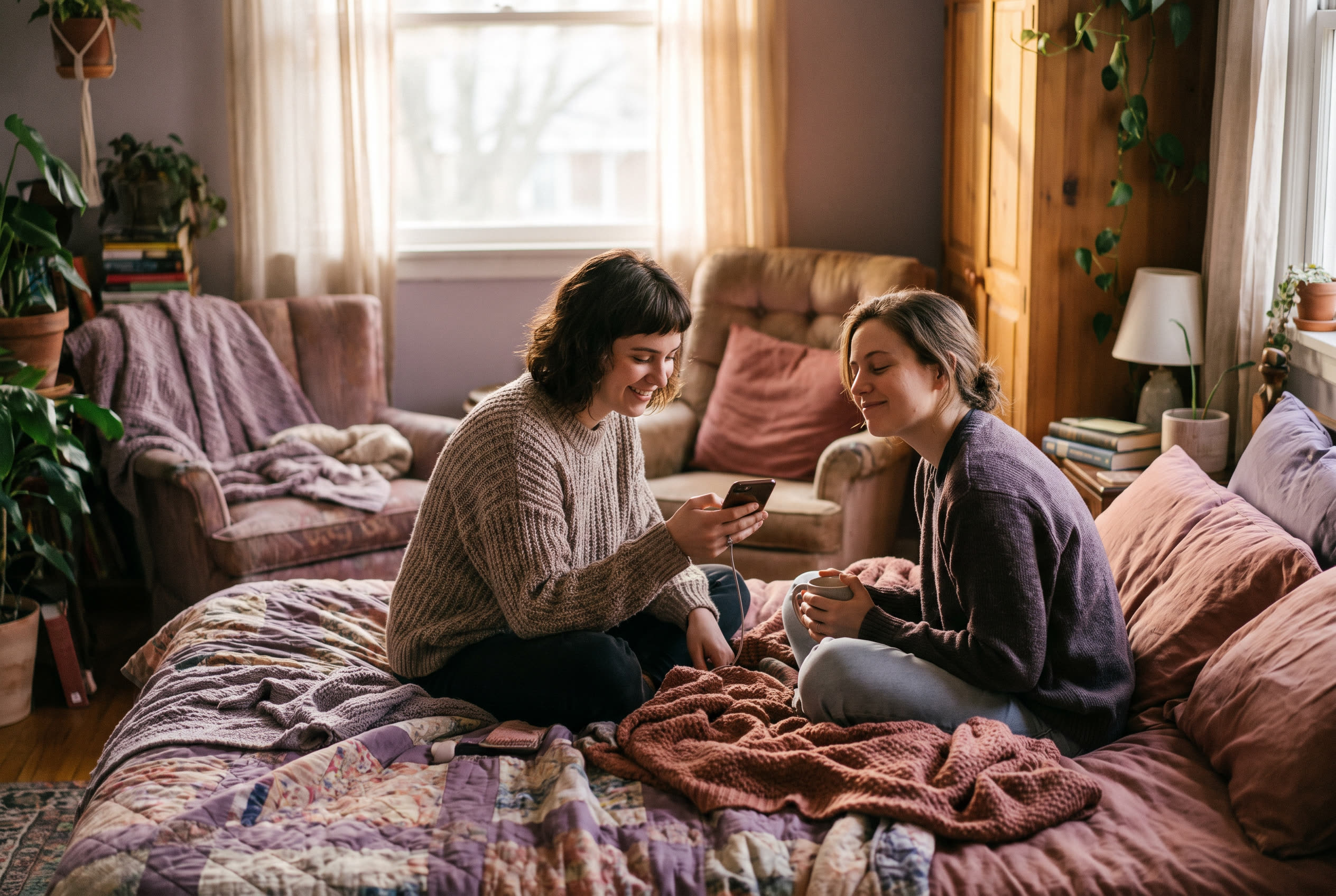 A person playing a gentle uplifting song from a smartphone for their friend, both smiling softly in a cozy bright bedroom