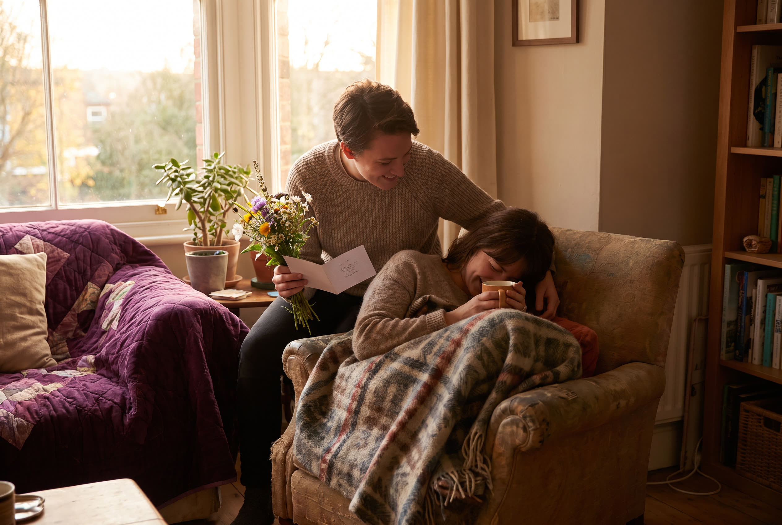 A person bringing flowers and a handwritten card to their friend resting under a blanket at home, soft daylight, warm caring mood