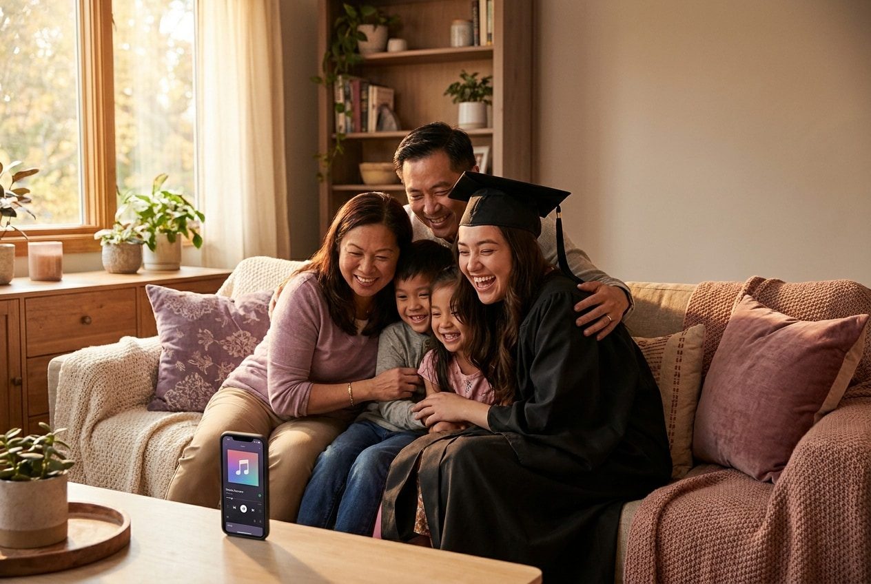 A family playing a song from a smartphone for their best friend, who is wearing a graduation cap and gown, everyone listening with delighted smiles
