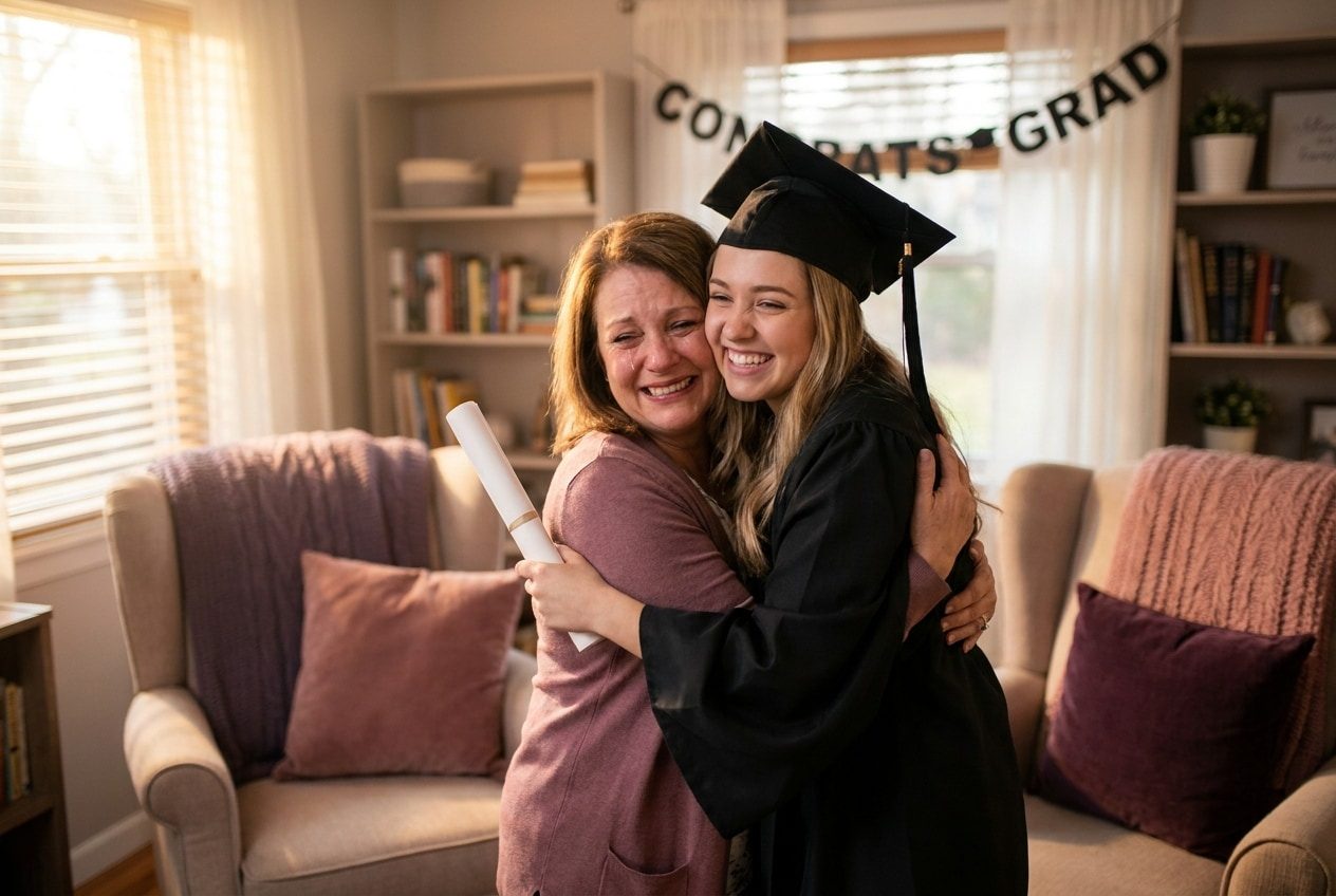 Their best friend wearing a graduation cap and gown and holding a diploma at home, a proud loved one hugging them, celebration and happy tears
