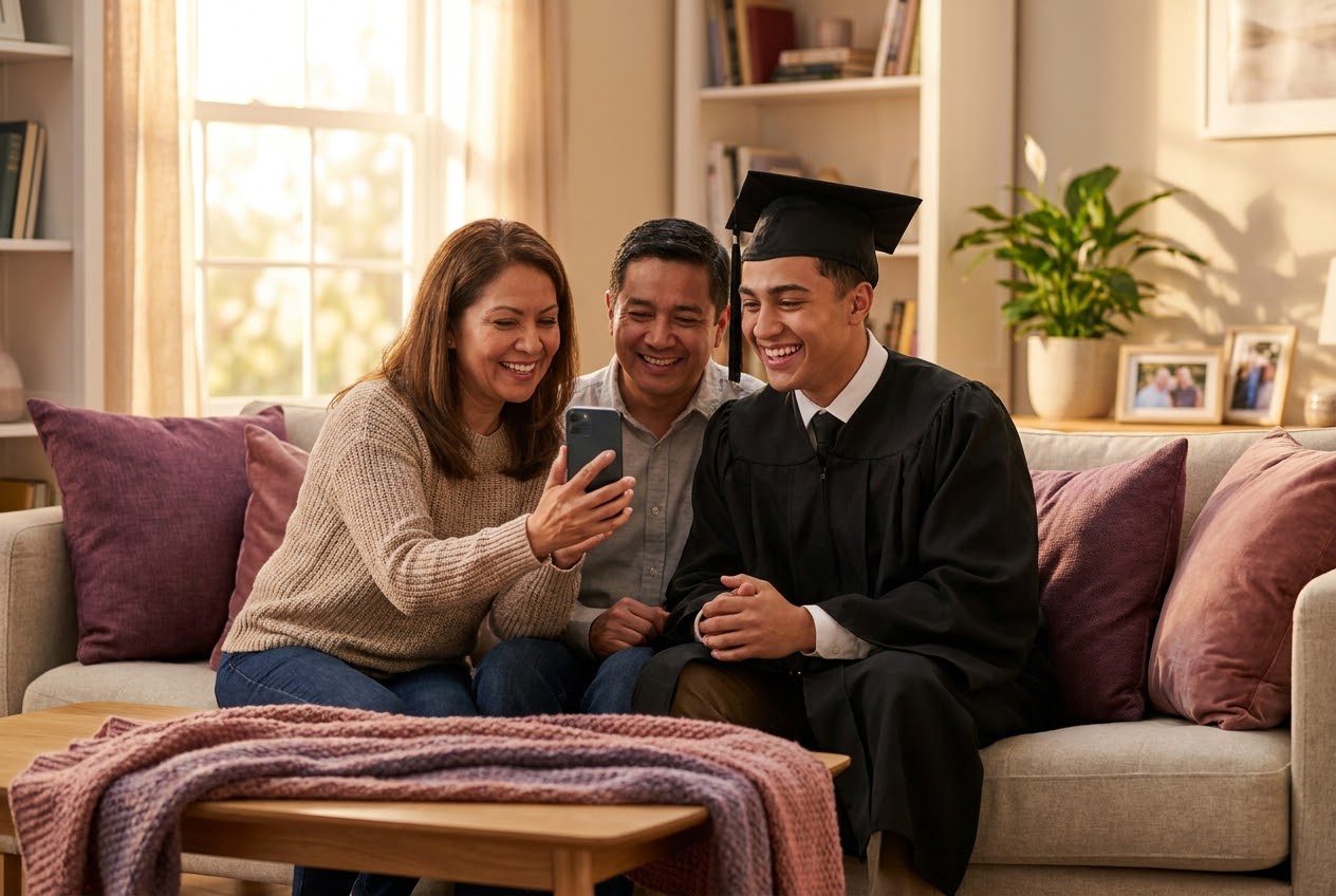 A family playing a song from a smartphone for their boyfriend, who is wearing a graduation cap and gown, everyone listening with delighted smiles
