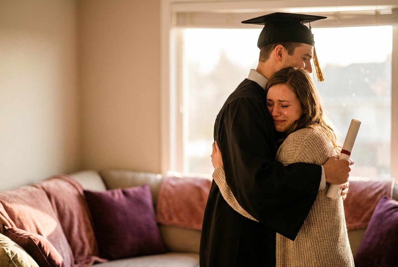 Their boyfriend wearing a graduation cap and gown and holding a diploma at home, a proud loved one hugging them, celebration and happy tears