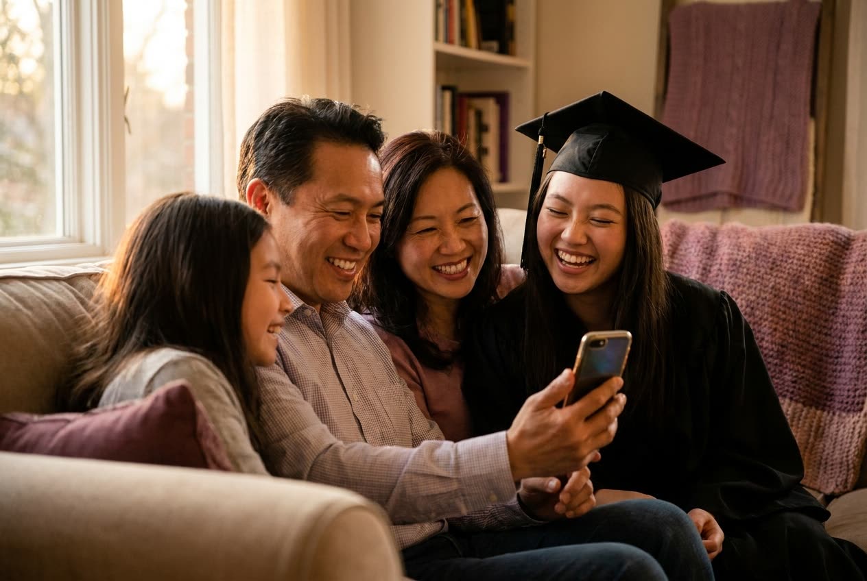 A family playing a song from a smartphone for their daughter, who is wearing a graduation cap and gown, everyone listening with delighted smiles