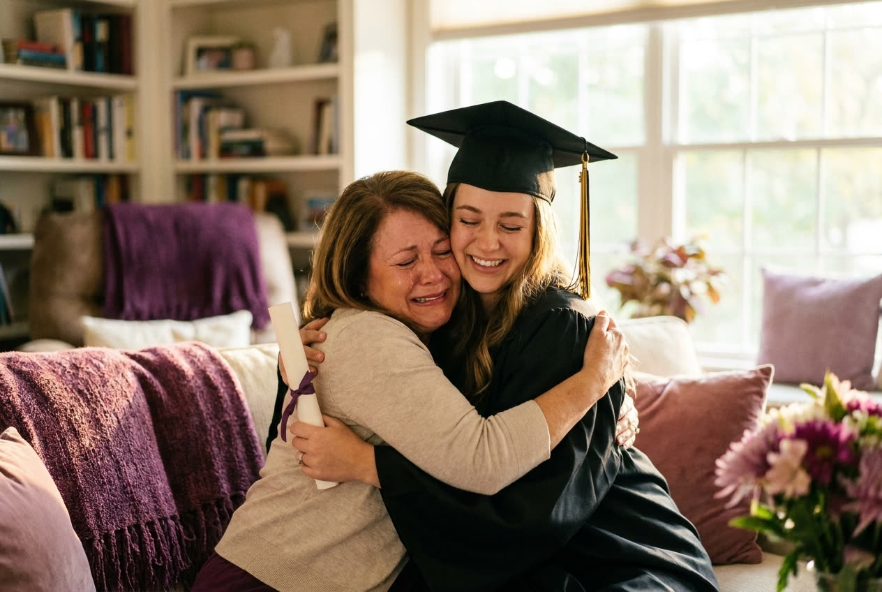 Their daughter wearing a graduation cap and gown and holding a diploma at home, a proud loved one hugging them, celebration and happy tears