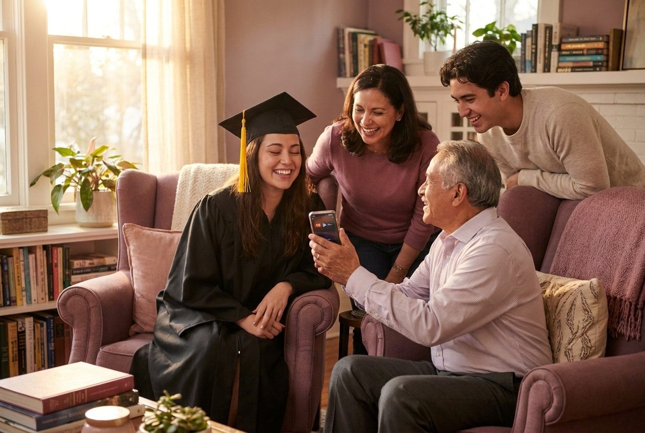 A family playing a song from a smartphone for their girlfriend, who is wearing a graduation cap and gown, everyone listening with delighted smiles