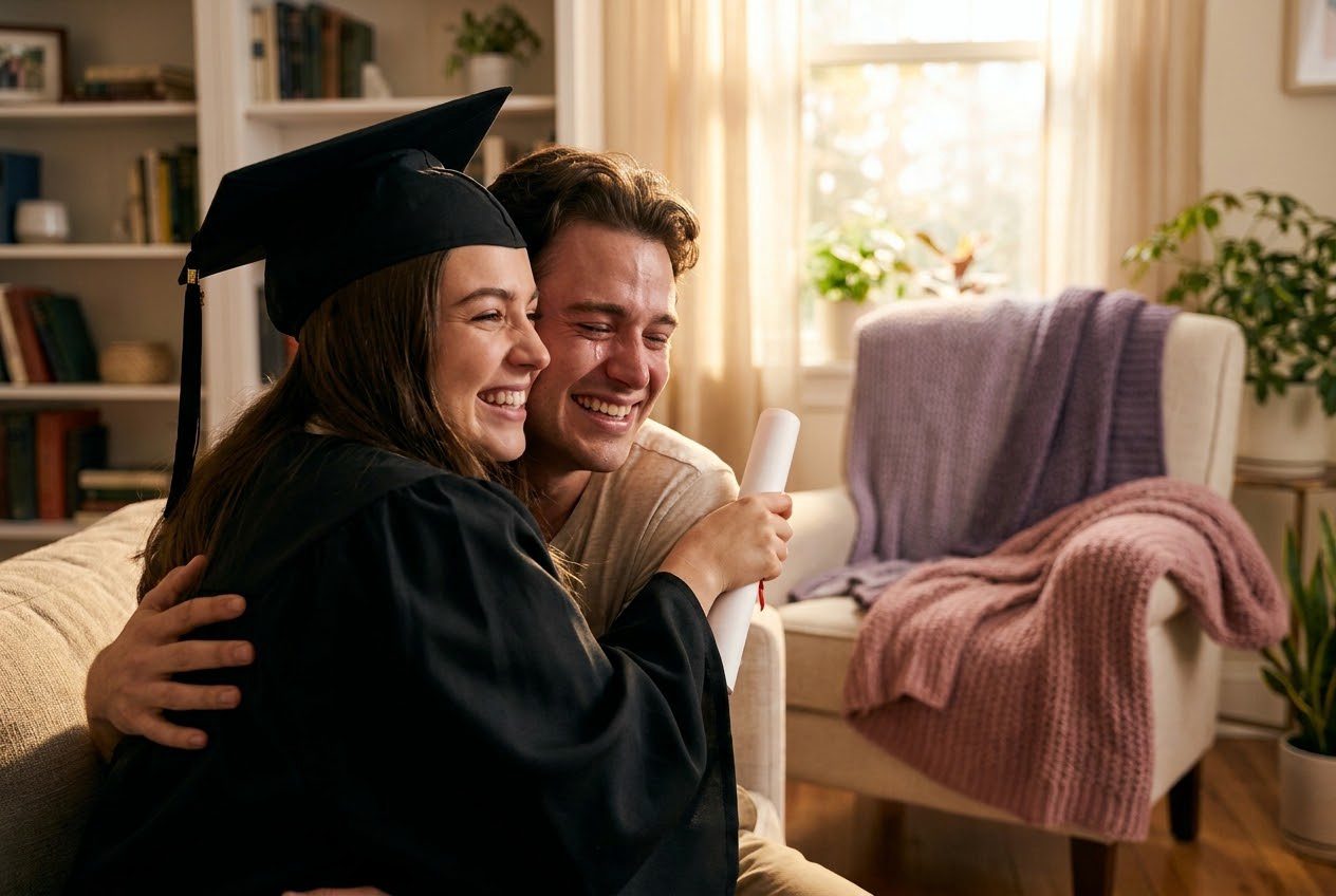 Their girlfriend wearing a graduation cap and gown and holding a diploma at home, a proud loved one hugging them, celebration and happy tears