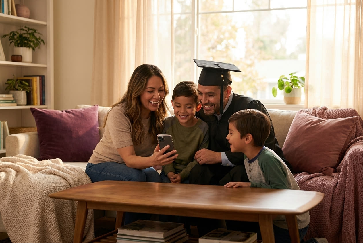 A family playing a song from a smartphone for their husband during a graduation celebration, everyone listening with delighted smiles