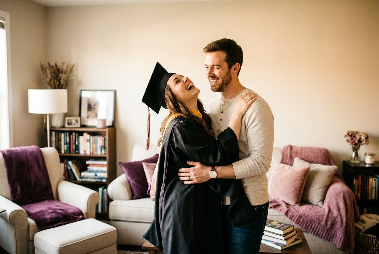 A person and their husband sharing a joyful graduation moment at home