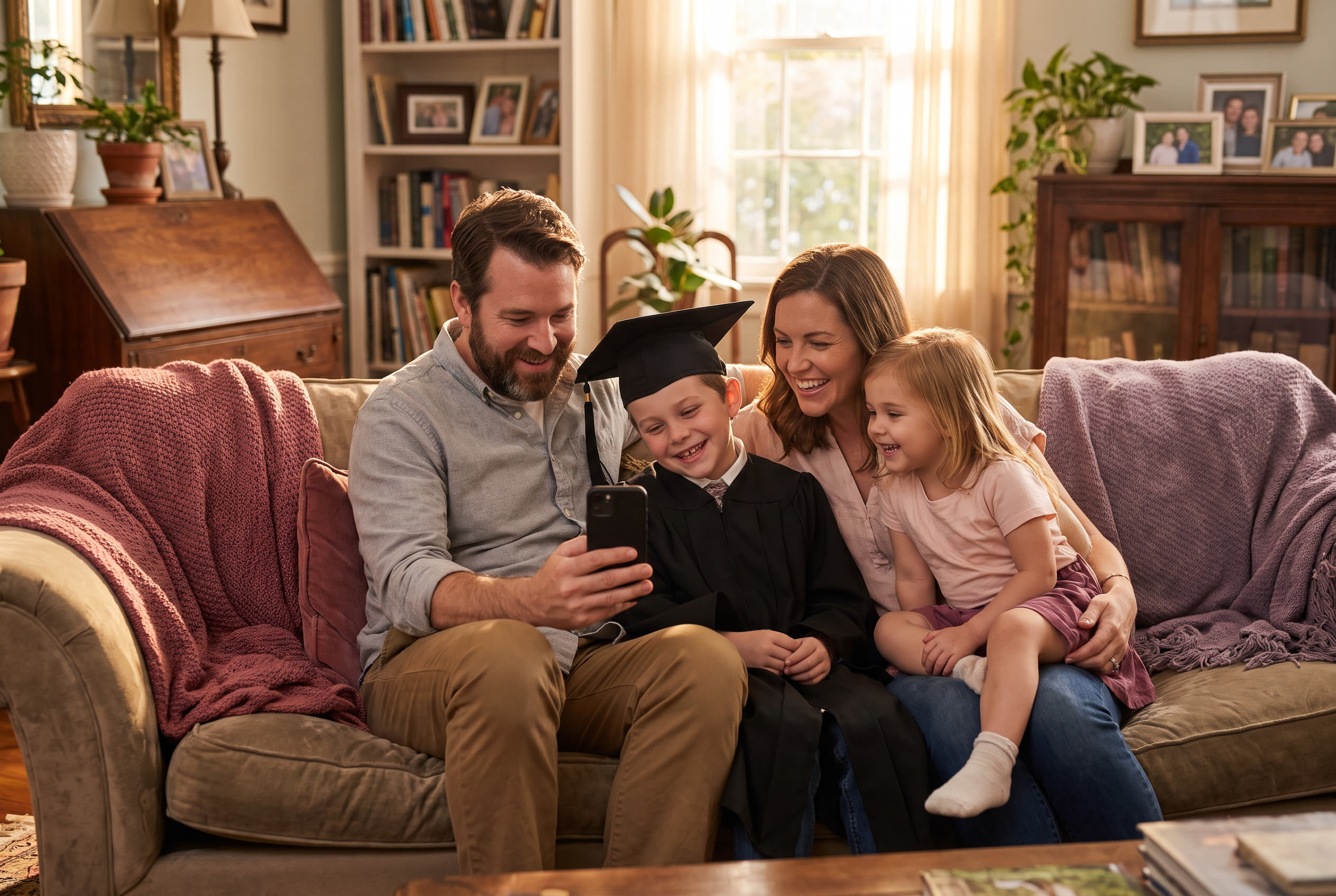 A family playing a song from a smartphone for their son, who is wearing a graduation cap and gown, everyone listening with delighted smiles
