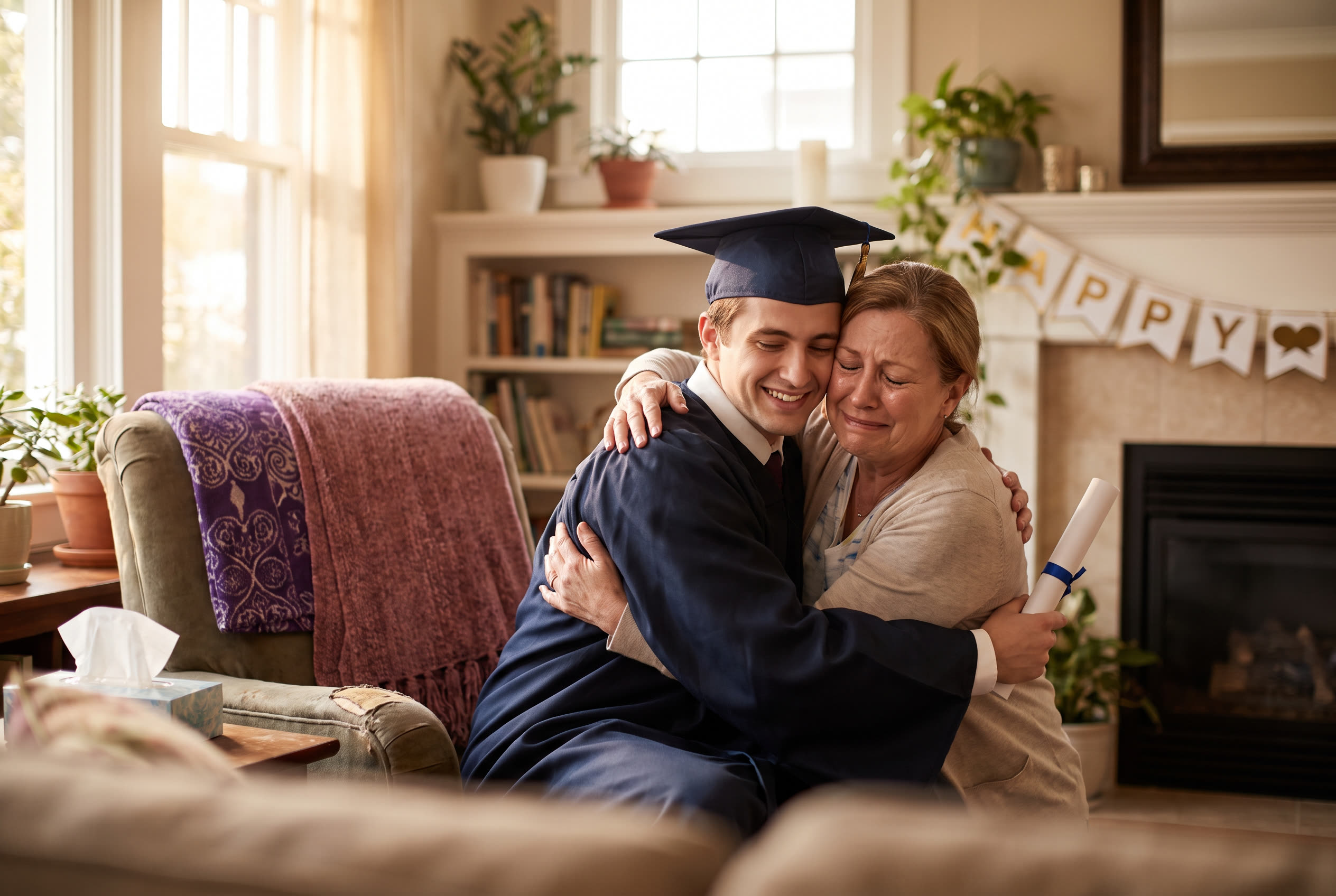 Their son wearing a graduation cap and gown and holding a diploma at home, a proud loved one hugging them, celebration and happy tears