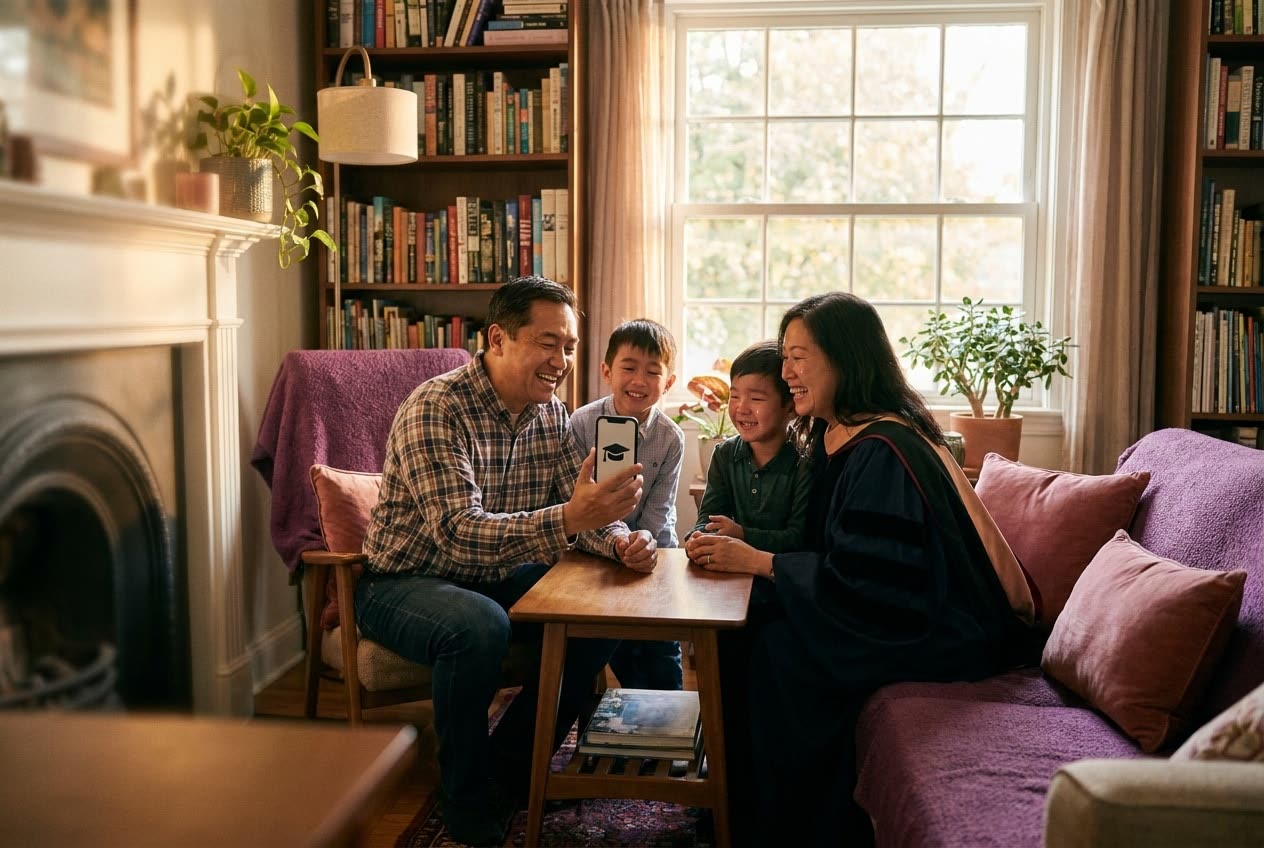 A family playing a song from a smartphone for their wife during a graduation celebration, everyone listening with delighted smiles