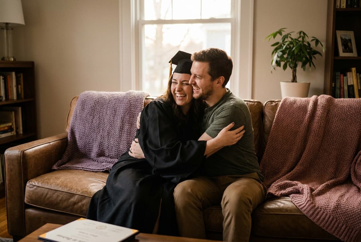 A person and their wife sharing a joyful graduation moment at home